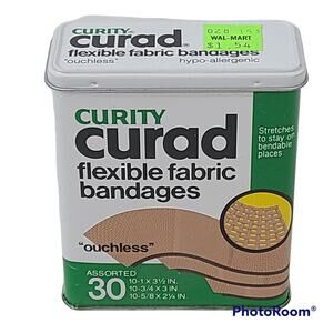 Curity Curad flexible fabric bandages metal tin, EUC
